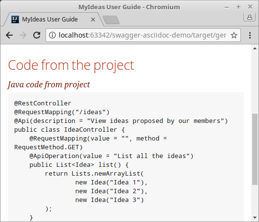 Documentation with code snippet from the actual project source code